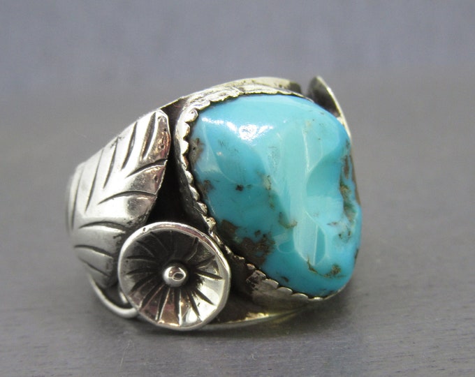Sterling Silver Turquoise Pinky Ring With Large Stone, Southwest Jewelry, Size 3 1/2 Ring