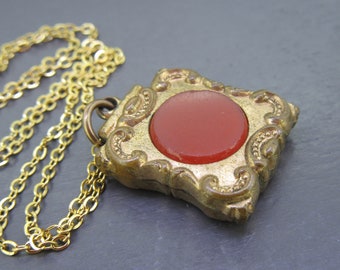 Antique Fob Charm Pendant Necklace with Carnelian on 18" Gold Plated Chain