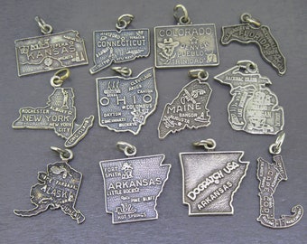 Choice Vintage Sterling State Map Charm of Dogpatch USA Arkansas, Cape Cod, Kansas, New York, Maine, Alaska, Michigan, Colorado, Ohio