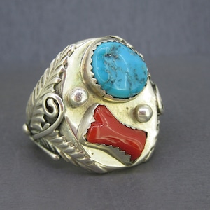 Huge Sterling & Turquoise Ring, Southwestern Jewelry with Turquoise and Coral Bezel Set Stones, Size 10