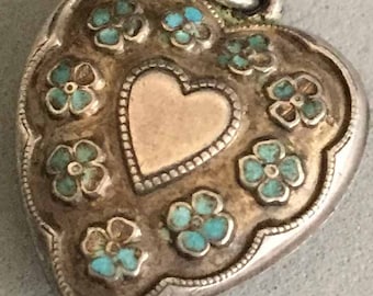Sterling Silver Puffy Heart Charm Blue Enameled Flowers on Sterling Silver, Love Token, Heart Charm, Engraved Grandpa