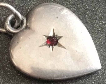 Red Rhinestone Puffy Heart Charm, Love Token, Vintage Puffy Heart Charm, Starburst Heart Charm, Starling Silver Puffy Heart Charm