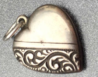 Vintage Puffy Heart Charm Repousse Designed Sterling Silver, Love Token, Heart Charm, Vintage Heart Charm
