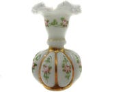 Fenton Charleton Vase Decorated Silver Glass Crest Hand Painted Pink and Green Flowers Gold Accent Vintage Home Decor Milk Glass Vase