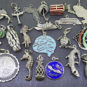 WAHL Vintage Sterling Armband Charm, Thema Urlaub, Florida, Hawaii, Hawaii, Kreuzfahrtschiff, Seepferdchen, Schildkröte, Palme, Orangen