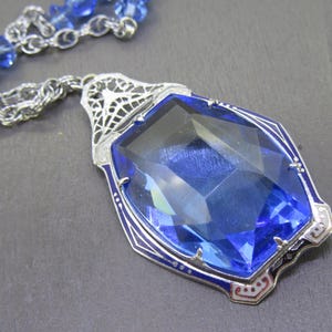 Antique Art Deco Enamel and Blue Glass Pendant necklace with Blue Glass Beads, 14 1/2&quot; Long
