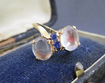 Antique 14k Moonstone Ring with Toi et Moi Moonstones and Sapphire Setting, Size 6 3/4