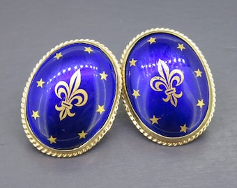 Vintage 14k Enamel Fleur-De-Lis Oval Earrings with Blue Enamel and Gold Stars