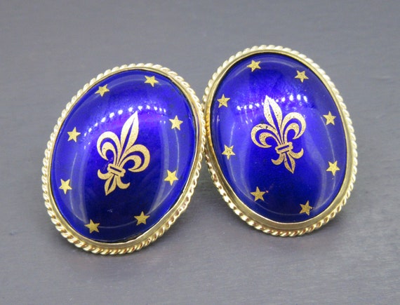 Vintage 14k Enamel Fleur-De-Lis Oval Earrings wit… - image 1