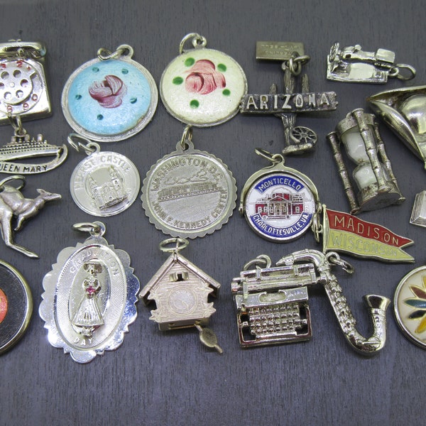 CHOICE Vintage Sterling Charm with Enamel, Phone, Queen Mary, Record, Cuckoo Clock, Typewriter, Penna Dutch Hex, Saxophone, Graduation