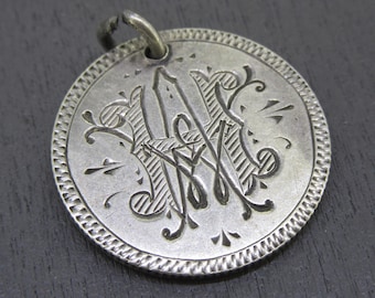 1875 Antique Sterling Love Token Charm or Pendant, Monogrammed HAW Love Token Charm, Antique Sterling Silver Seated Liberty Dime