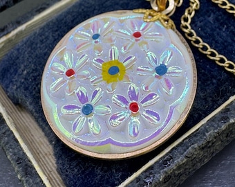 Vintage Hillcraft Gold Filled Molded Glass Floral Pendant Necklace, Iridescent Flower Pendant, 16 Inch Chain