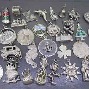 May include: A collection of silver-toned charms in various shapes, including a seahorse, owl, pineapple, and sun. Other charms depict a trolley car, a carriage, and a Christmas tree. The charms are likely for a bracelet or necklace.