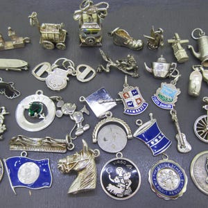 May include: A collection of silver charms in various shapes, including a dog, a teapot, a bicycle, and a horse head. Some charms have enamel details in blue, green, and red. The charms are displayed on a dark surface.
