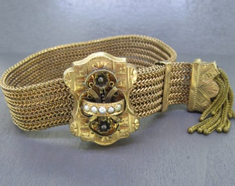 Victorian Gold Filled Buckled Mesh Slide Bracelet, Antique Jewelry