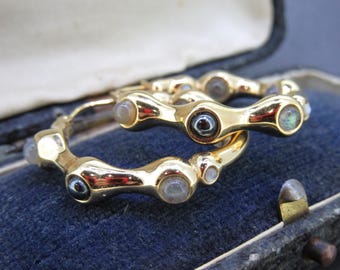 Vintage 14K Gold Hoop Earrings with Gray Cabochon Accents, 1” Hoops, 4g