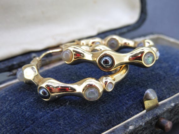 Vintage 14K Gold Hoop Earrings with Gray Cabochon Accents, 1” Hoops, 4g