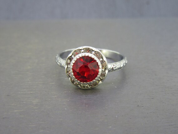 Vintage Art Deco Revival Ring with Red Glass Ston… - image 3