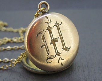 Antique M Initial Locket Necklace with 18" Gold Plated Chain, Small Locket