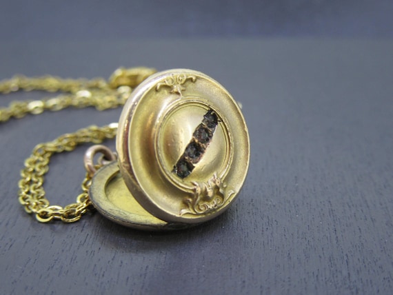 Tiny Antique Rhinestone Circle Locket Necklace wi… - image 1