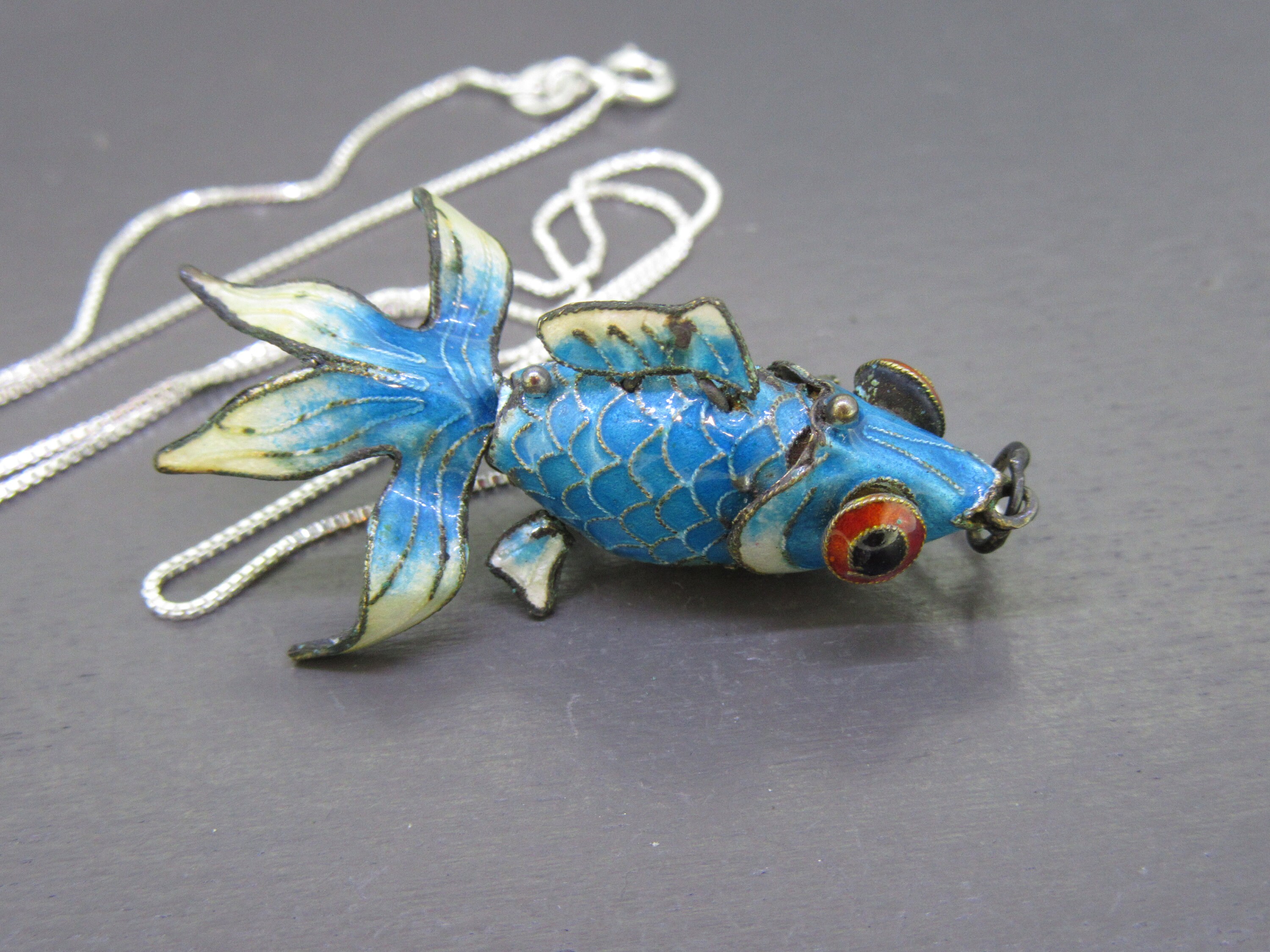 Vintage Sterling Blue Enamel Articulated Fish Pendant Necklace With 18 ...