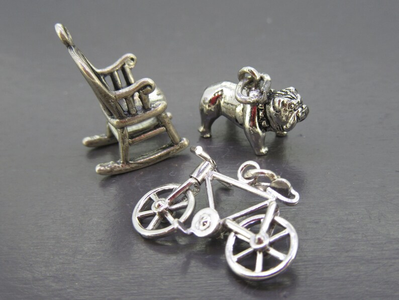 Pu&ograve; includere: Tre ciondoli in miniatura color argento: una sedia a dondolo, un bulldog e una bicicletta. La sedia a dondolo ha lo schienale a doghe. Il bulldog &egrave; in piedi. La bicicletta ha raggi dettagliati. Tutto su una superficie grigio scuro.
