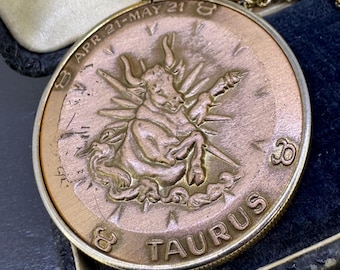 Large Vintage Taurus Zodiac Copper Pendant Necklace with Double Sided Coin on 24" Chain