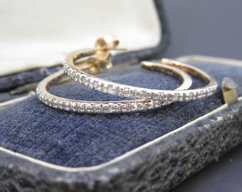 Vintage 10K Yellow Gold Diamond Hoop Earrings, Diamond Inside Out Hoops, Estate Fine Jewelry