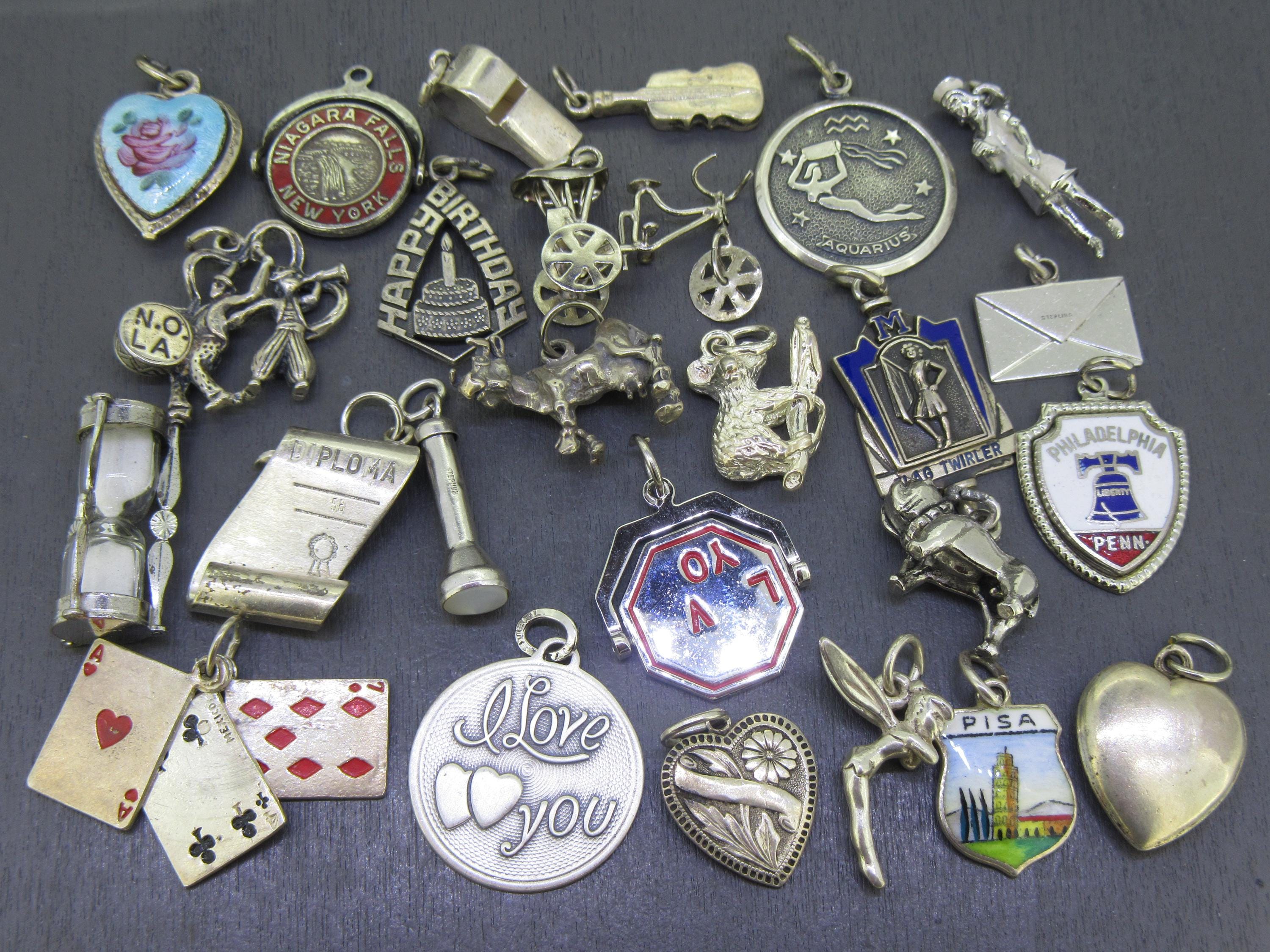 CHOICE Vintage Sterling Bracelet Charm, I Love You Spinner, Playing Cards, Enamel Puffy Heart, Hourglass, Cow, Flashlight, New Orleans, Pisa