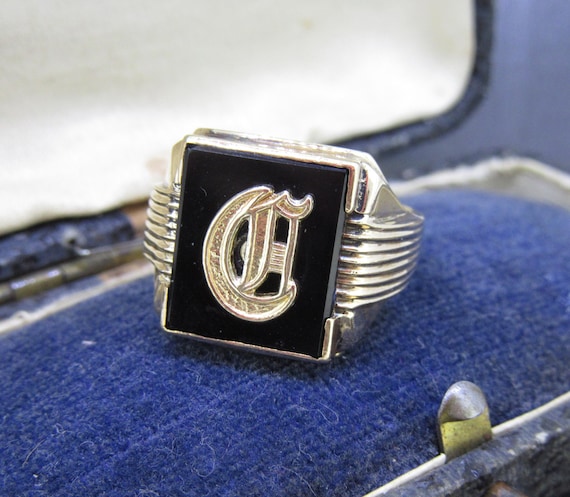 Antique 10k Gold C Initial Ring, Black Onyx Signet Ring, Size 9.25 or 9 1/4, Vintage Monogram Ring, Heavy Onyx Statement Ring
