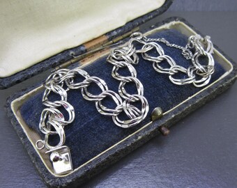 7" Vintage Sterling Silver Double Link Charm Bracelet, 7 Inch, Box Clasp & Safety Chain