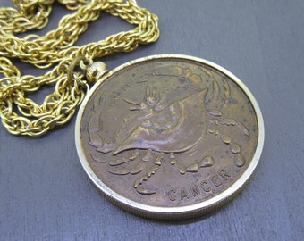 Large Vintage Cancer Zodiac Bronze Pendant Necklace with Double Sided Coin with 24" Chain