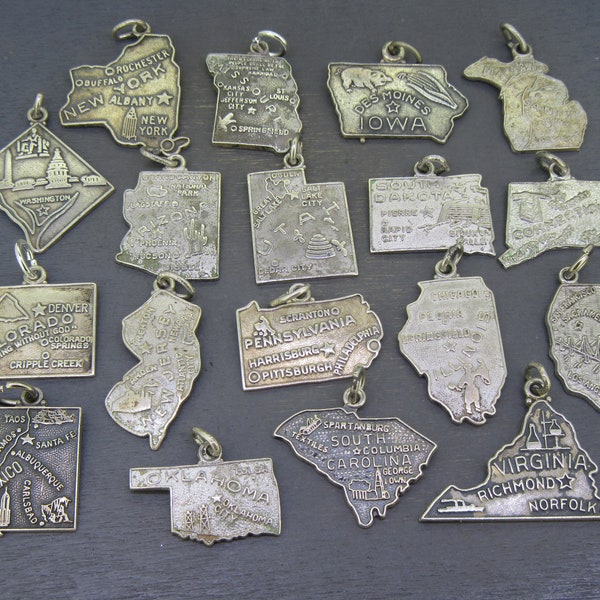 Choice Vintage Sterling State Map Charm of New York, Missouri, Iowa, Michigan, Washington DC, Arizona, Utah, South Dakota, Connecticut