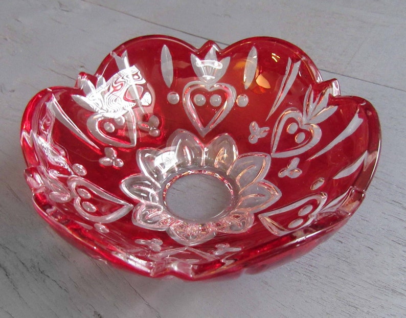 Valentine/'s Day Gift for Her Red Cut to Clear Fruit Bowl with Hearts Vintage Heart Cut to Clear Red Bowl Cherry Red Glass Trinket Bowl