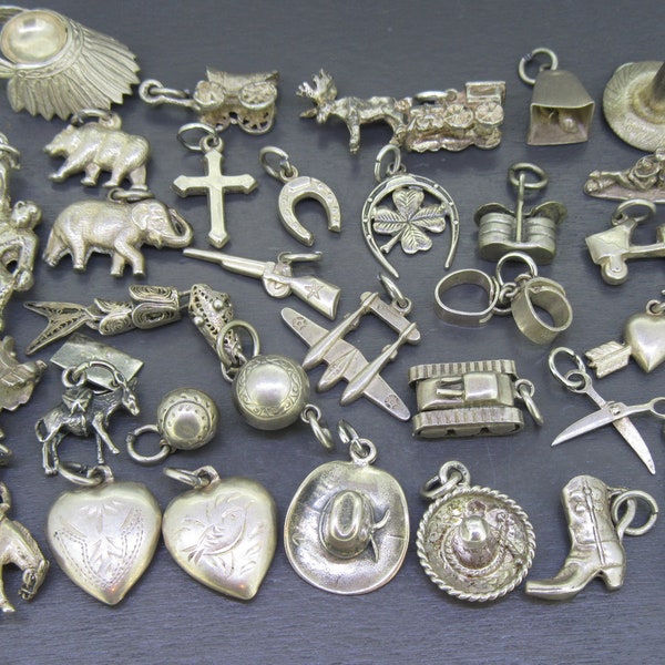 CHOICE Misc. Vintage Sterling Silver Charm, Southwest, Military, Animals, Puffy Heart, Articulated Fish, Gun, Tank, Cactus, Roller Skate etc