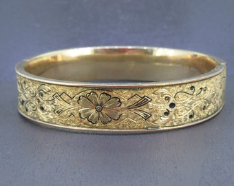 Antique Victorian Revival 6 3/4" Gold Filled Bangle Bracelet, Victorian Revival Jewelry with Black Enamel Floral Etching