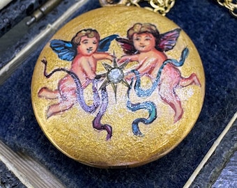 Antique Hand Painted Cherub Locket Necklace, Rhinestone Star, Gold Tone Angel Cupid Pendant