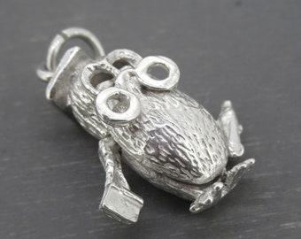 Vintage Movable Sterling Silver Owl Charm or Pendant, Scholarly Owl with Book and Graduation Hat, Graduation Gift