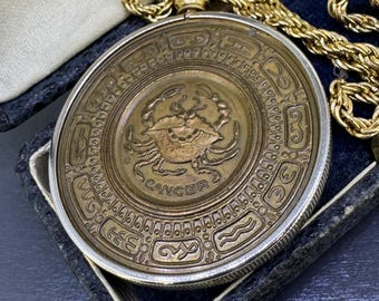 Vintage Cancer Zodiac Pendant Necklace, Astrology Medallion, June July Birthday, Large Crab Pendant, 20" Gold Tone Chain