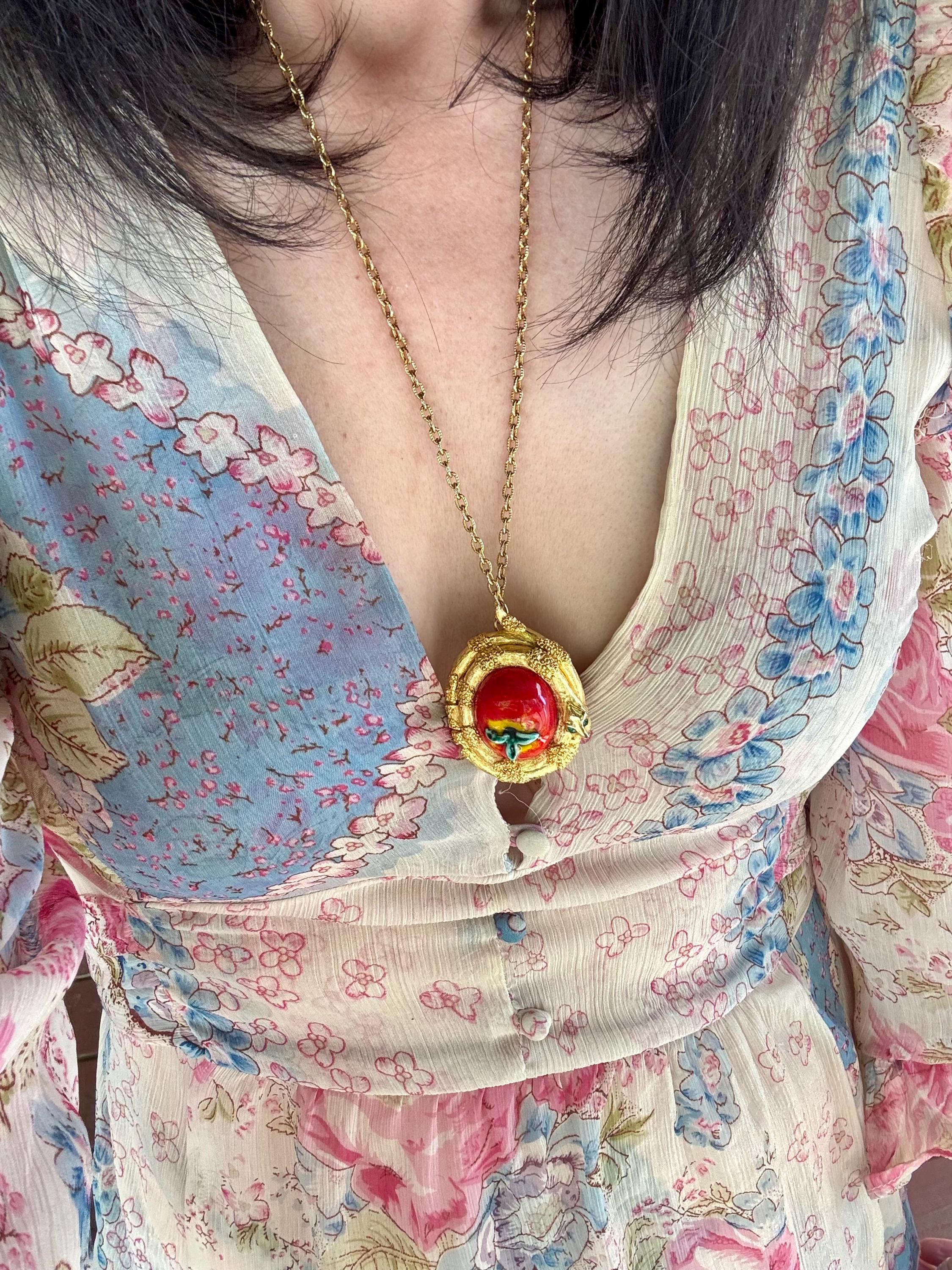 Vintage Snake & Enamel Apple Perfume Pendant Locket Necklace With