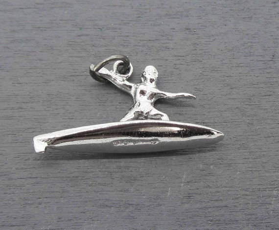 PERSON SURFING ON BOARD CHARM WITH BOX CHAIN NECKLACE STERLING SILVER SURFER