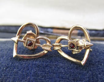 Vintage 14K Gold Ruby Heart Arrow Stud Earrings, Estate Heart Earrings, Cupid Love Earrings, July Birthstone
