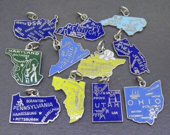 CHOICE Vintage Sterling Enamel State Map Charm, USA, Kentucky, North Carolina, Maryland, Virginia, Tennessee, New Jersey, Pennsylvania