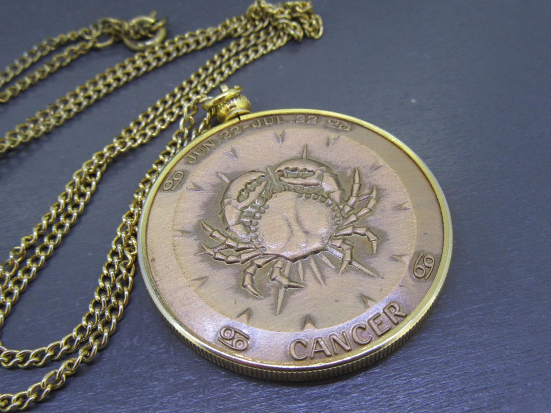 Large Vintage Cancer Zodiac Bronze Pendant Necklace With Double Sided ...