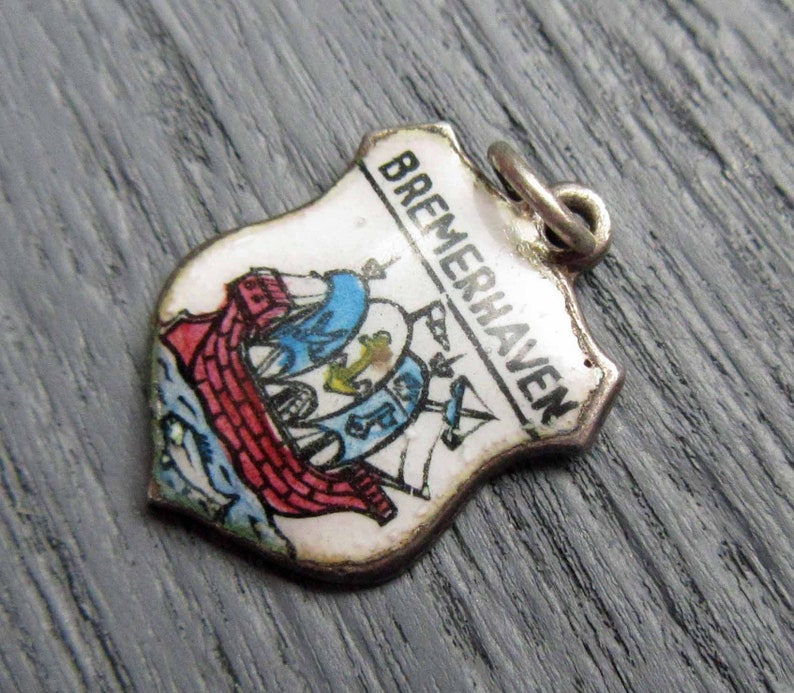 Deutschland Souvenir Ship Coat of Arms Enamel Shield Charm Sterling Silver 935 Silver Charm Bremerhaven Germany Charm