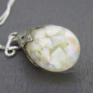 Vintage Sterling Floating Opal Pendant Necklace, Teardrop Pendant Iridescent Opal Flakes in Glass Bulb, Sterling Silver 18&quot; Chain Necklace