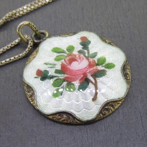 Vintage Guilloche Enamel Flower Pendant Necklace, Sterling Silver Pendant and Chain, White, Green, Pink Enamel, Norway Norge Sterling