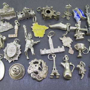 CHOICE Vintage Sterling Bracelet Charm, St Peter's Basilica, Ottawa Peace Tower, Spain Bellver Castle, Silver Ingot, Levi & Salaman Button