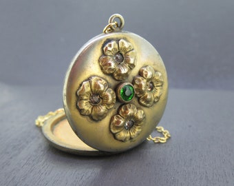 Antique Art Nouveau Flower Locket Necklace with Green Flowers on 18" Chain