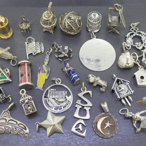 May include: A collection of silver-toned charms in various shapes, including a birdcage, a star, a cuckoo clock, and a crescent moon with a star. Other charms include a teapot, a birdhouse, and a dog.
